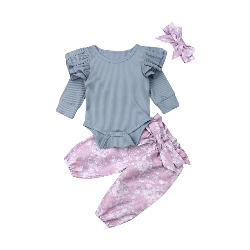 Princesa dekliška oblačila, ki letijo rokav romper +cvetlični hlače +glavo malčka dojencek dekliška oblačila jesensko zimske obrabe 0-24m