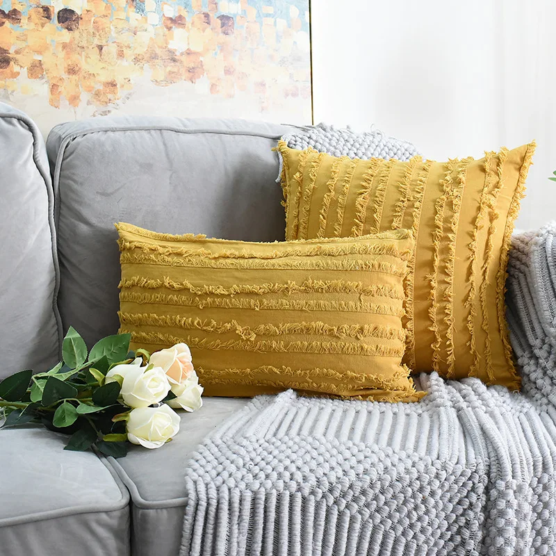 Cut cvet tassel kvadratnih blazine pokrov rumene, sive in slonokoščene bombaž blazino kritje 45x45cm domači kavč dekoracijo