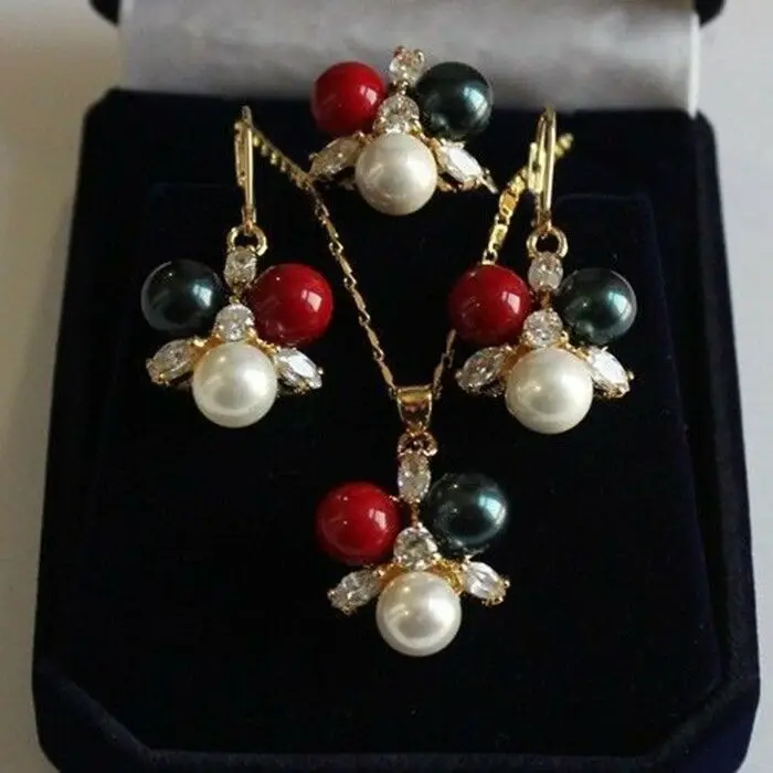 8 mm bela / Črna// Rdeča lupini pearl obesek ogrlico, Uhane Obroč iz AAA