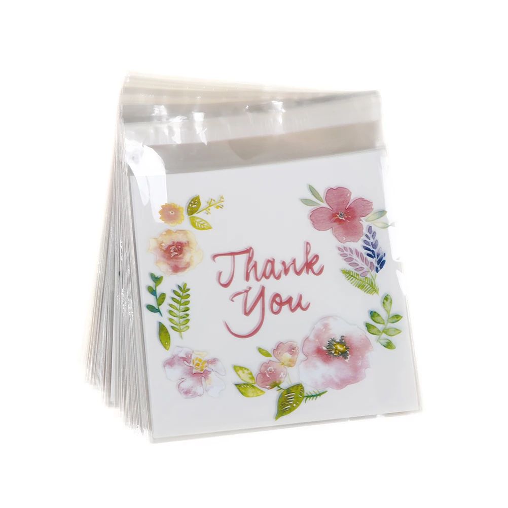 Novih 100 kozarcev Plastičnih Kartonske Embalaže Tisk Cvetlični Vzorci Candy Bag Jasno Hvala Sladkarije Shranjevanje samolepilne Darilne Vrečke