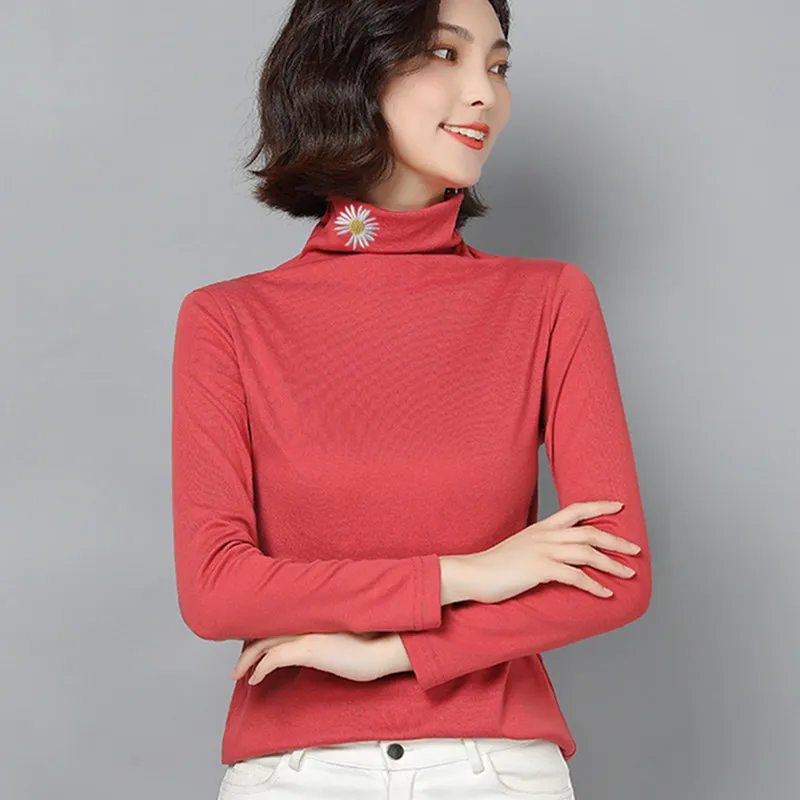 Korejski Bombaža Ženske Majice Ženska Dolg Rokav Turtleneck T-shirt Vrhovi Jeseni, Pozimi Osnovne Stretch Majica s kratkimi rokavi Ženske Top Plus Velikosti