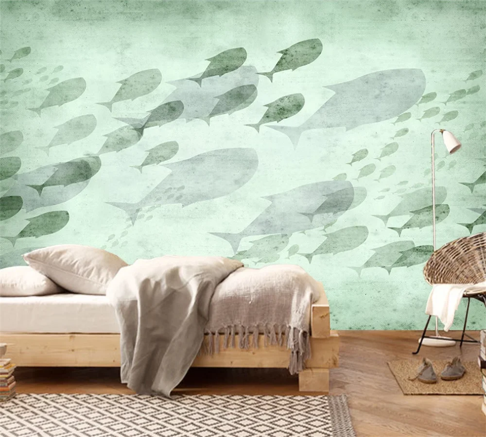 Po meri 3D ozadje zidana Skandinavski retro ročno poslikano ribe silhueto, TV soba v ozadju stene
