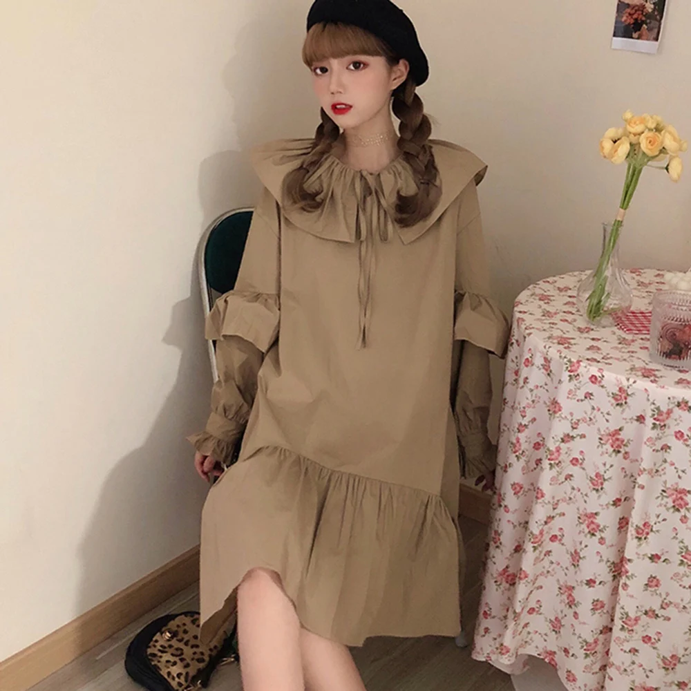 Japonska Slog Ženske Obleke Pomlad Jesen Nove Korejske Modne Svoboden Preprost Oblikovalec Tanke Vroče Prodaje Ruffle Gubanje, Dolg Rokav