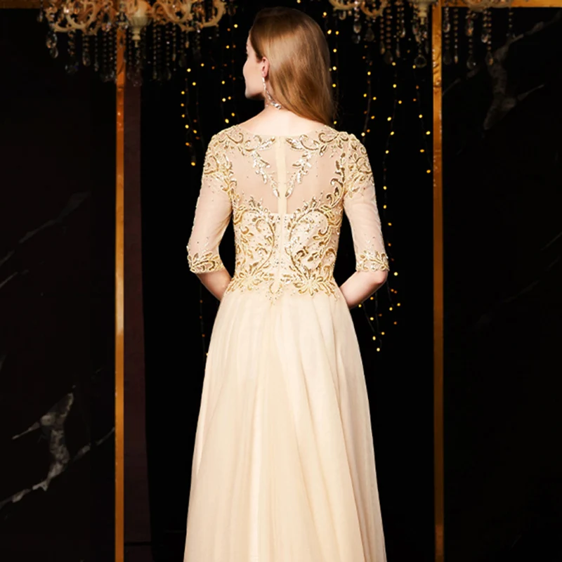 J1915 jancember arabski večerno obleko plus velikost o-necj pol til rokav appliques čipke marelice formalno obleko vestido elegante