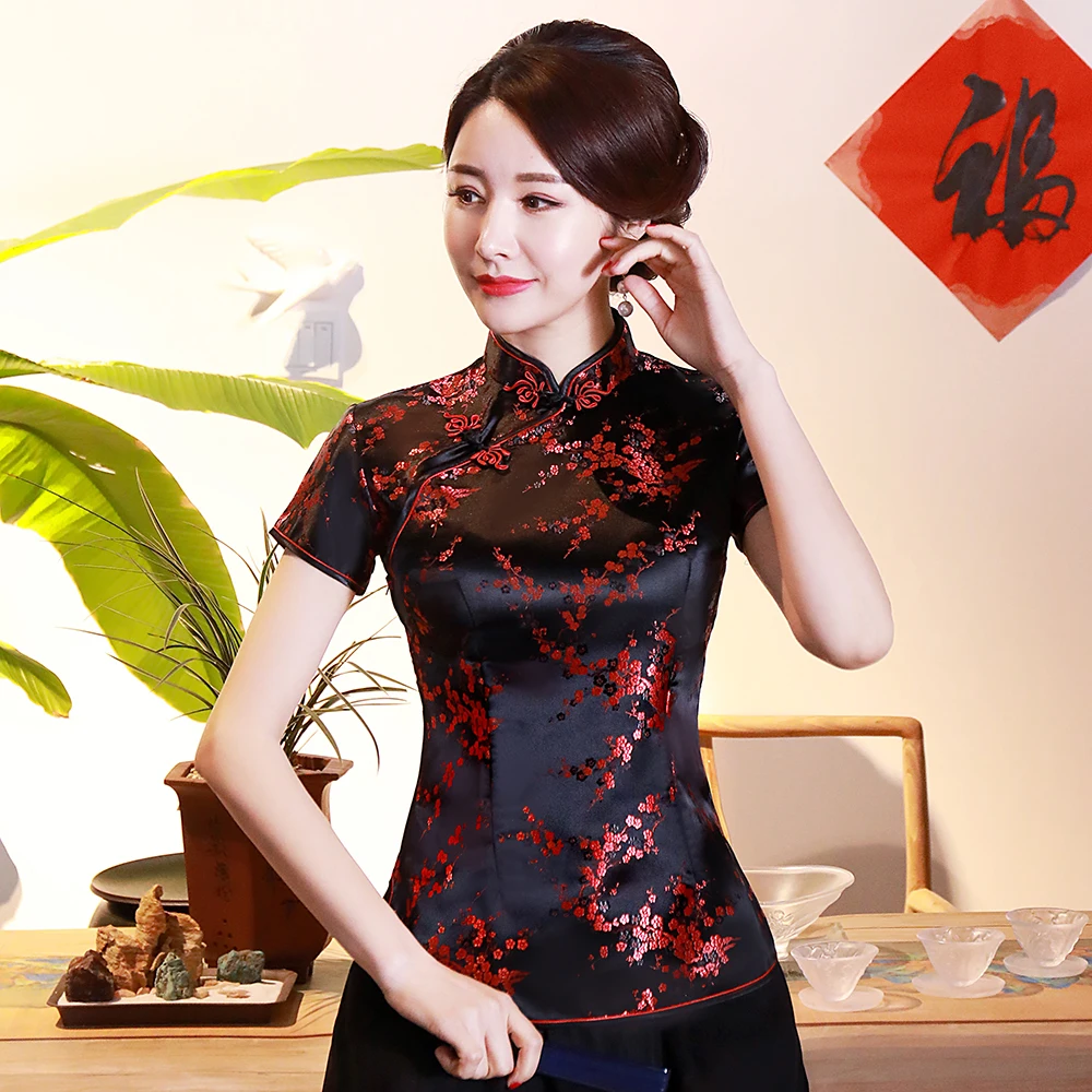 Klasično Ročno Gumb Ženski Saten Bluzo Kitajski Letnik Poletni Majica Prevelik Črno Rdeči Cvet Vrhovi Tang Oblačila 3XL 4XL