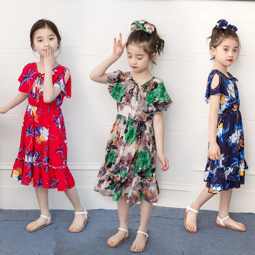 Dekleta Obleko Novo Poletno Otroci Oblačila Moda Cvetlični Leopard Tiskanja Ruffle Plaži Princesa Obleke Bombaža, Svile Plažo, Oblačila 2020