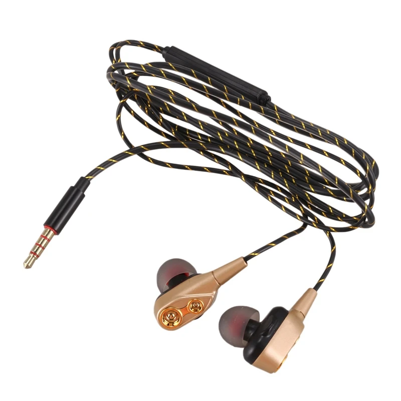 3,5 mm HiFi Žične Slušalke Dual-Dinamično Quad-core Zvočnik V uho čepkov Prožni Kabel Anti-zaviti HD z Mikrofonom(Zlato)