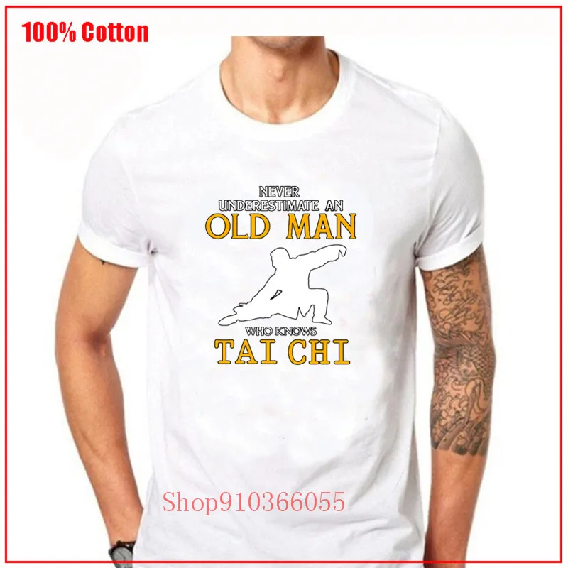 Nikoli ne Podcenjujte Starega Človeka, ki ve, Tai Chi Logotip, Natisnjeni T-shirt Moški Super Majica Organski Bombaž Tee Poletje Kratek Rokav
