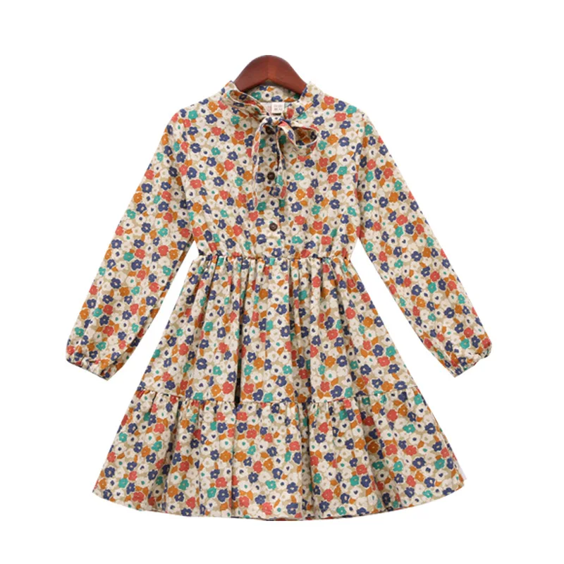2020 najstnik dekleta svoboden šifon obleko z dolgimi rokavi pomlad jesen cvjetnim tiskanje bombaž obleko za 3 -13 let velika punca obleke