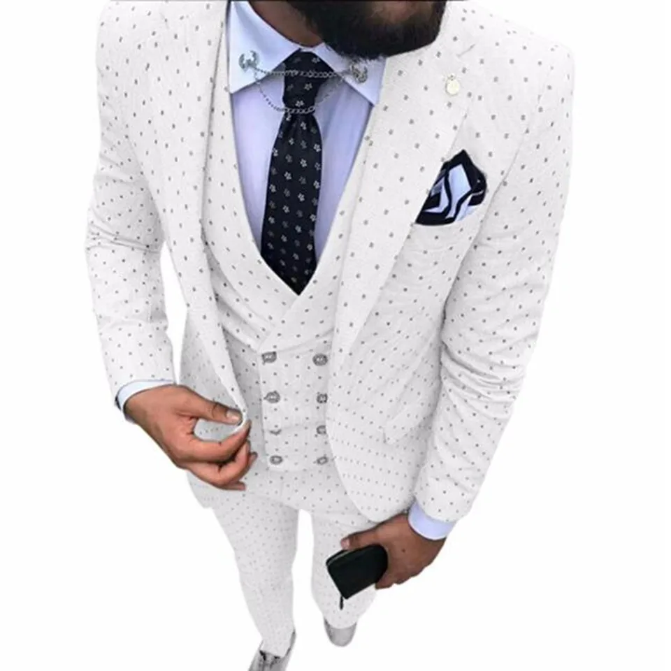 Bela moška Poika pika Obleko 3-Kosi, zadnji plašč, hlače modelov Zarezo River Tuxedos Groomsmen Za Poroko/stranka(Blazer+telovnik+Hlače)