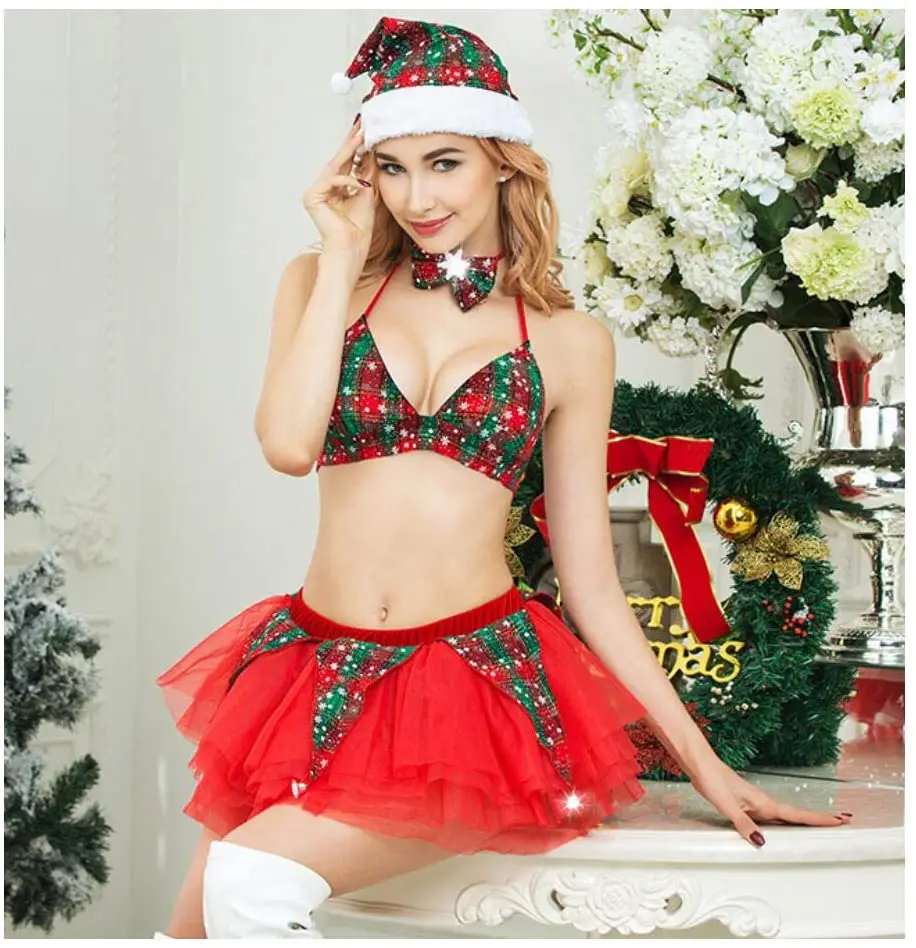 Ženske Božič Perilo Kostum Seksi Snežinka Kariran Bikini Modrc + Mini Tutu Krilo + Lok Kravato + Hat Santa Cosplay Eksotičnih Set