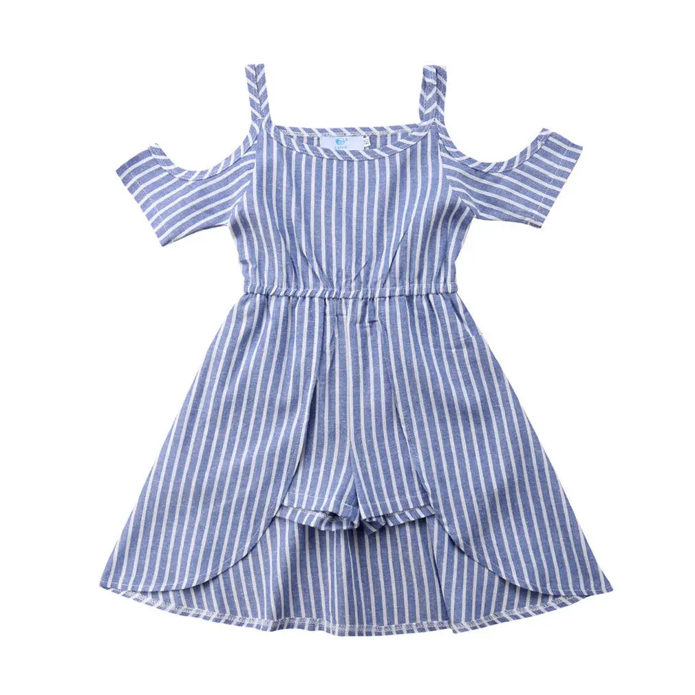 2020 Poletje Moda Priložnostne Sweet Baby Toddler Dekleta Romper Obleko Off Ramenski Modro Črtasto Ruffles Romper Obleko 1-6Y