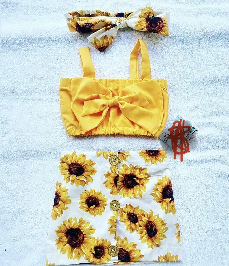 2020 Baby Dekleta poletje Cvetlični Oblačila, ki Otroke brez Rokavov rumena bowknot crop Tops Sončnično gumb krilo 2 kos Obleke