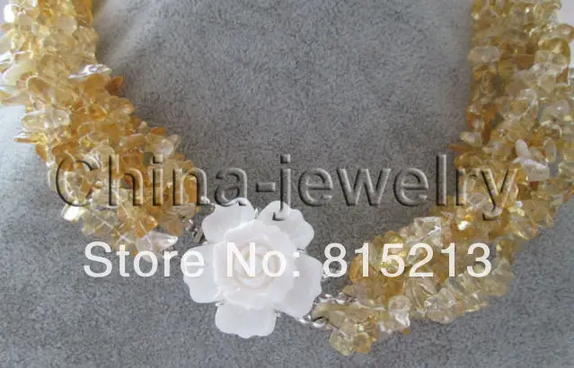 Ddh001225 6row naravnih citrine čip ogrlica - shell cvet GP zaponko