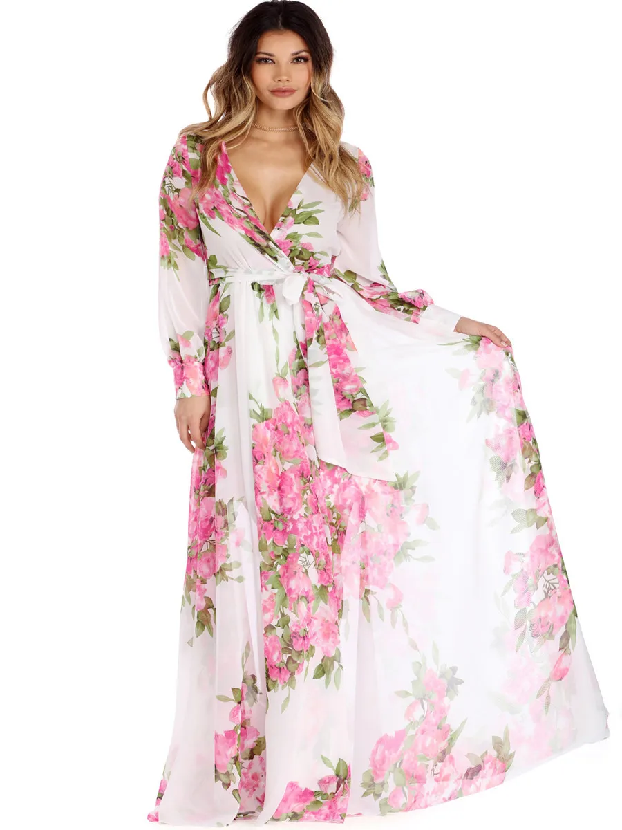 Tri-color šest metrov dolgi rokav Proti-vrat natisnjeni obleko Poletje obleko Elegantno obleko lady Plus Velikost Obleko priložnostne ženske sundress