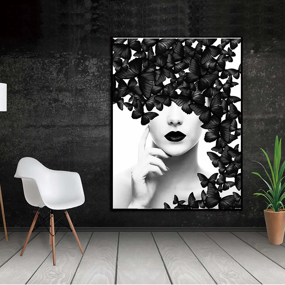 Nordijska Ponudbo Plakat Črno Bel Metulj Ženska Wall Art Platno Natisne Wall art Moderne Slike za soba dekor za steno