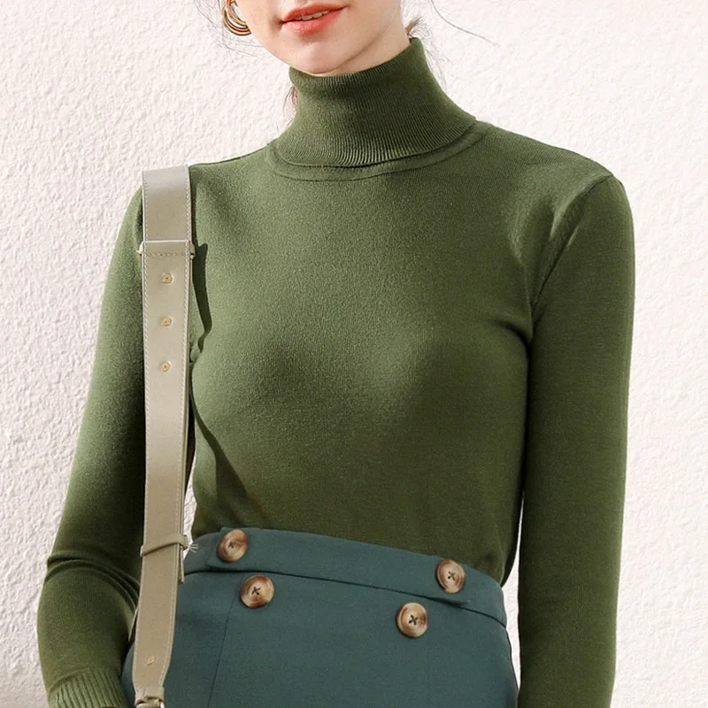 Nova barva ženske visoko vratu dolg rokav pleteni pulover ženske