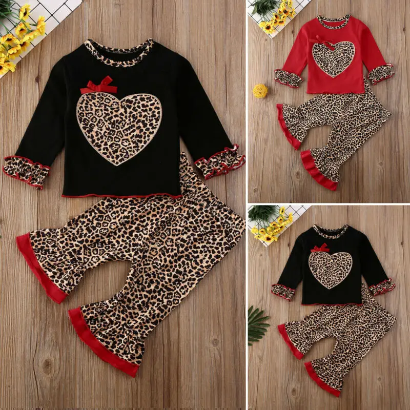UK Otroci Baby Girl Obleke Leopard Ljubezen In Srce, T-majica+Hlače, Dokolenke Obleko