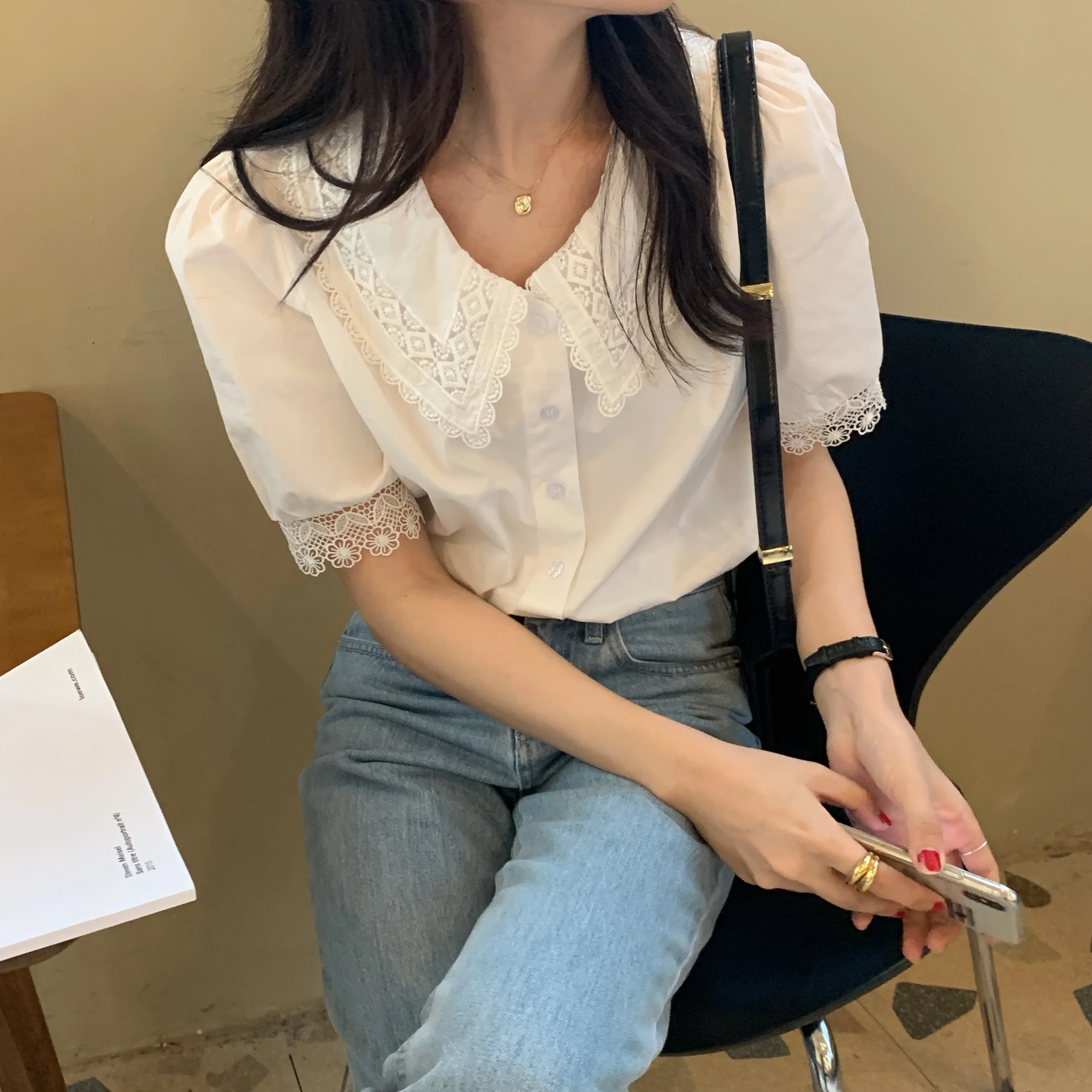 Comelsexy White River Vezenine, Čipke Bluze Za Ženske Do Leta 2020 Novo Poletje Korejskem Slogu Majica Femme Trdna Puff Rokav Vrhovi Blusas
