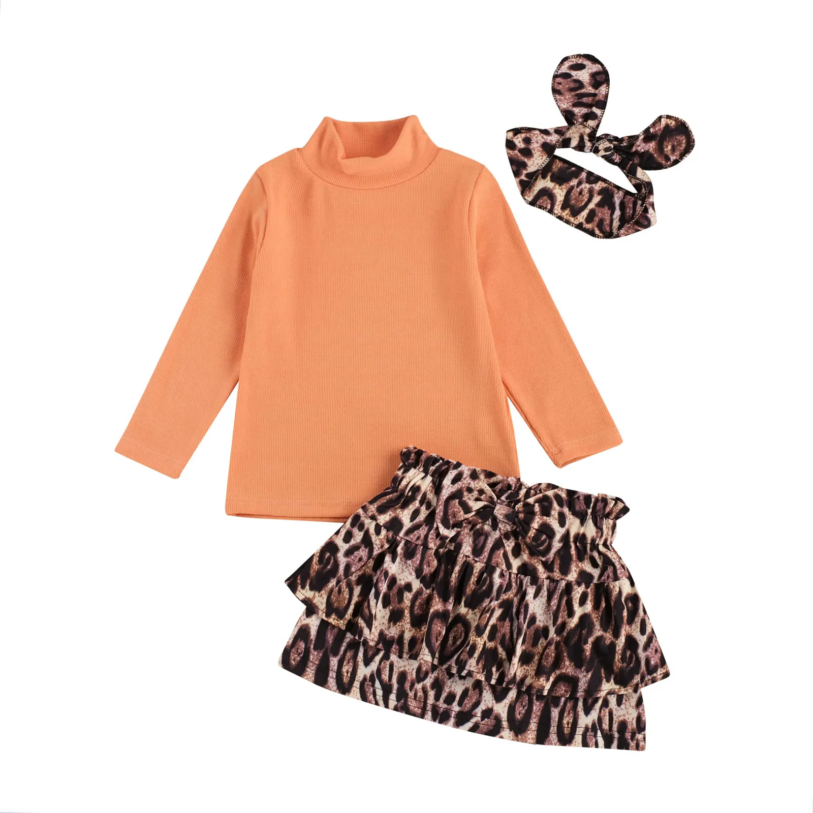 Otroci Baby Dekleta Obleko Modne 3pcs Obleko z Dolgimi Rokavi Stand-up Ovratnik Puloverju Vrh+Leopard Krilo+Glavo Nastavite Otrok Brezplačno