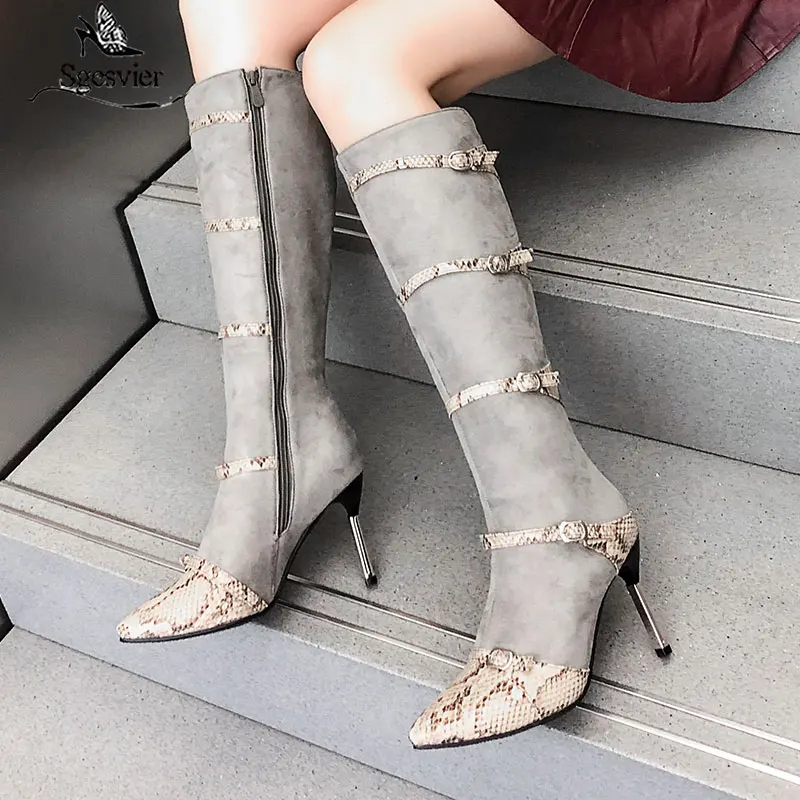 Sgesvier 2020 plus velikost 48 žensk kolena visoki škornji kača jate mešane barve visoke pete, čevlji modni stranka maturantski čevlji ženske