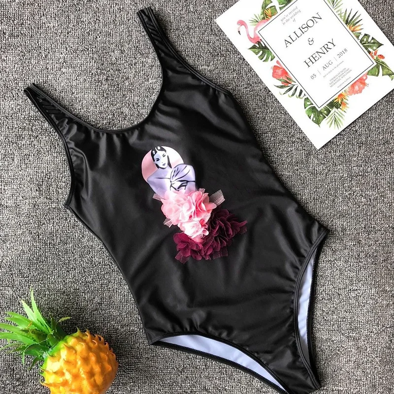 2019 Poletje Ženske 3D cvet, En Kos Slim Kopalke Retro Trdna kopalke Bikini Oblazinjeni Plažo 5 barv