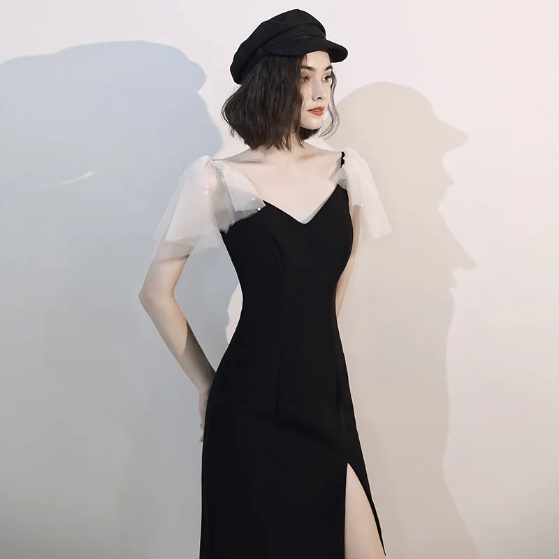 Eleganten V-izrez Saten Bodycon Črno Obleko za Ženske brez Rokavov Slim Ženski francoski Obleko Večer Stranka Vestidos Cheongsam