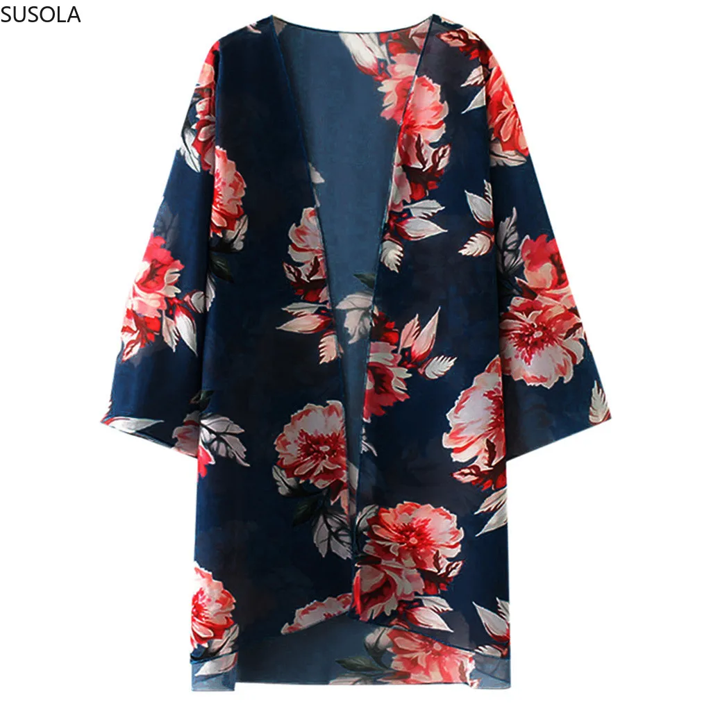 Ženske Poletne Plaže Cvjetnim Tiskanja Priložnostne Šifon Kimono Bluzo Ženska Moda Za Zaščito Pred Soncem Svoboden Kritje Ups 2020