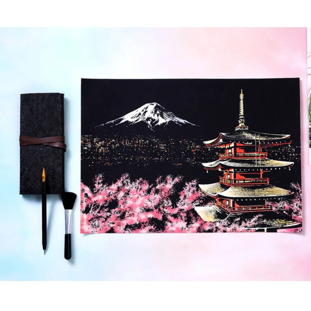 1 Sklop 4pcs DIY Nič Sliko Mount Fuji Night Scene Praskanje Risanje, Barvanje Papirja Scratchboard Bambusa Palico pozlačeno