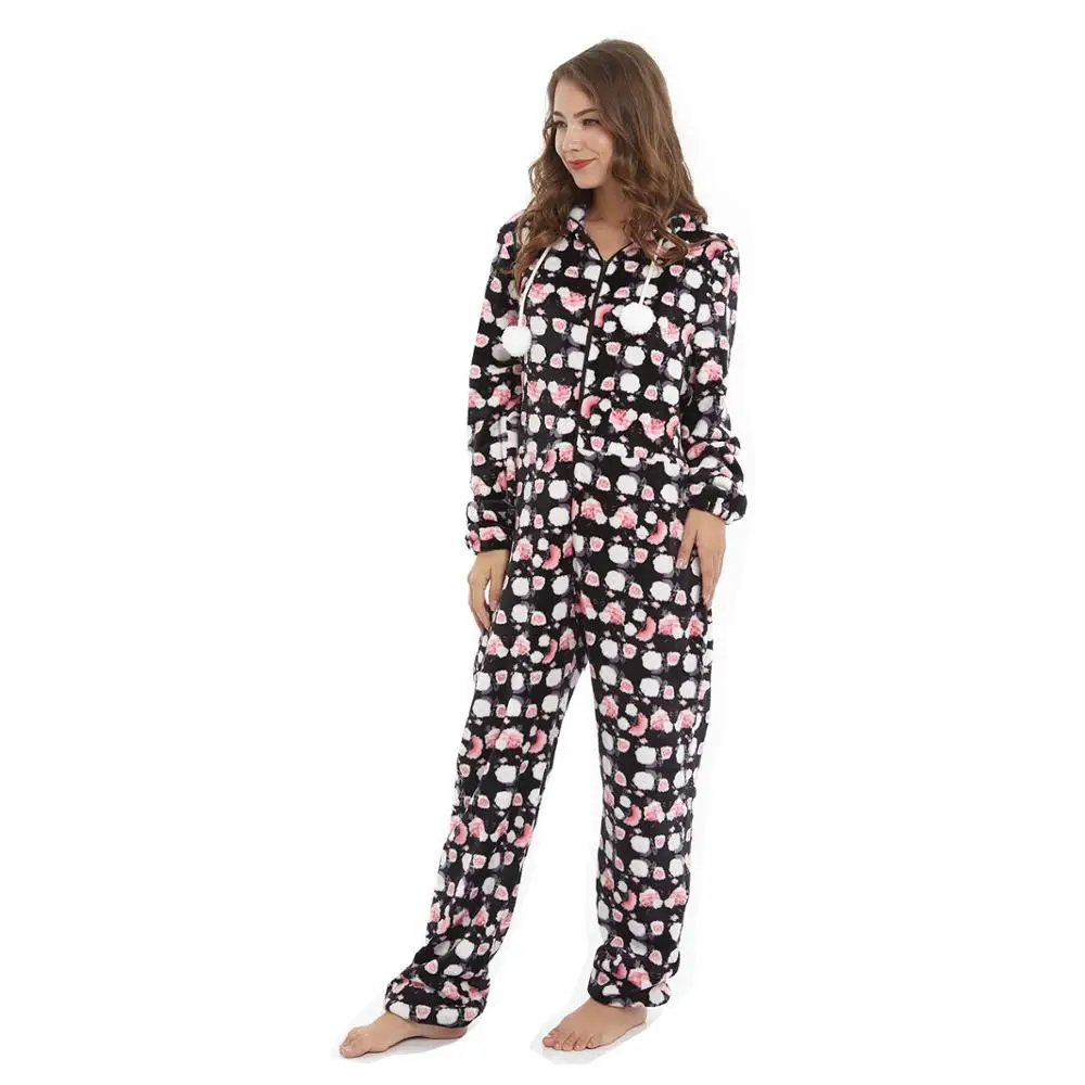 Moda Tiskanje Hooded Flanela Dolg Rokav Pijama Mujer Ženske Pižame Onesies Romper Jumpsuit Za Ženske