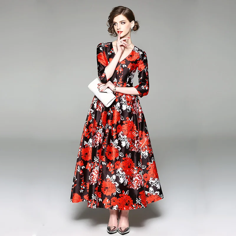 YiLin Kay High-end meri ženska poletne obleke 2019 novih proti-vrat tiskanja je razkošje vintage obleko.