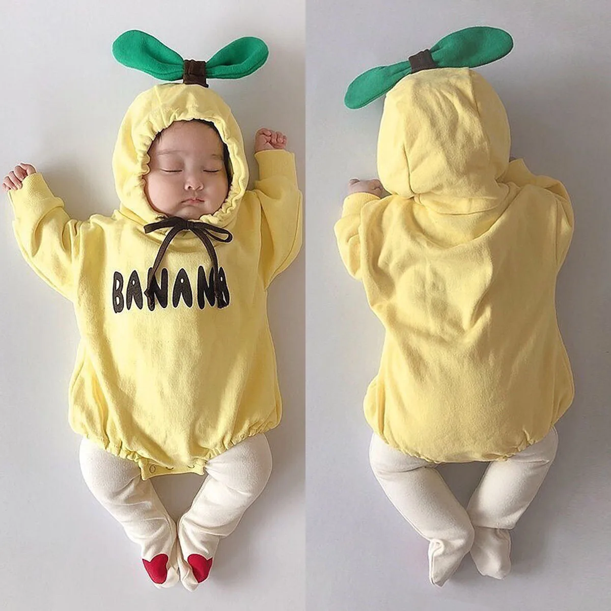 Pudcoco Newborn Baby Boy, Girl Obleke Pismo Banana Tiskanja Long Sleeve Hooded Bombaž Romper Jumpsuit Enodelno Obleko Oblačila