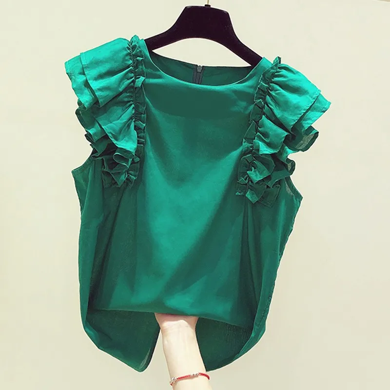 2020 poletje novo ruffles ženske majice trdna zelena o-vratu sleeved urad dama elegantno potegne outwear vrhovi