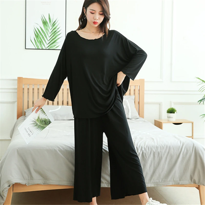 Plus velikost pižame domov storitev bo ustrezala ženski spomladi in jeseni maščobe mm svoboden dolgo sleeved black pižamo široko noge hlače, dvodelne