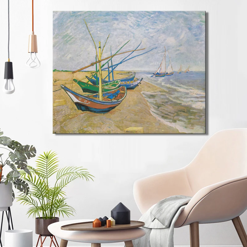 Ribiški Čolni na Plaži na Les z Van Gogh Plakat, Tisk na Platno Wall Art Platno Povzetek Dekorativno Slikarstvo za Sobi Doma