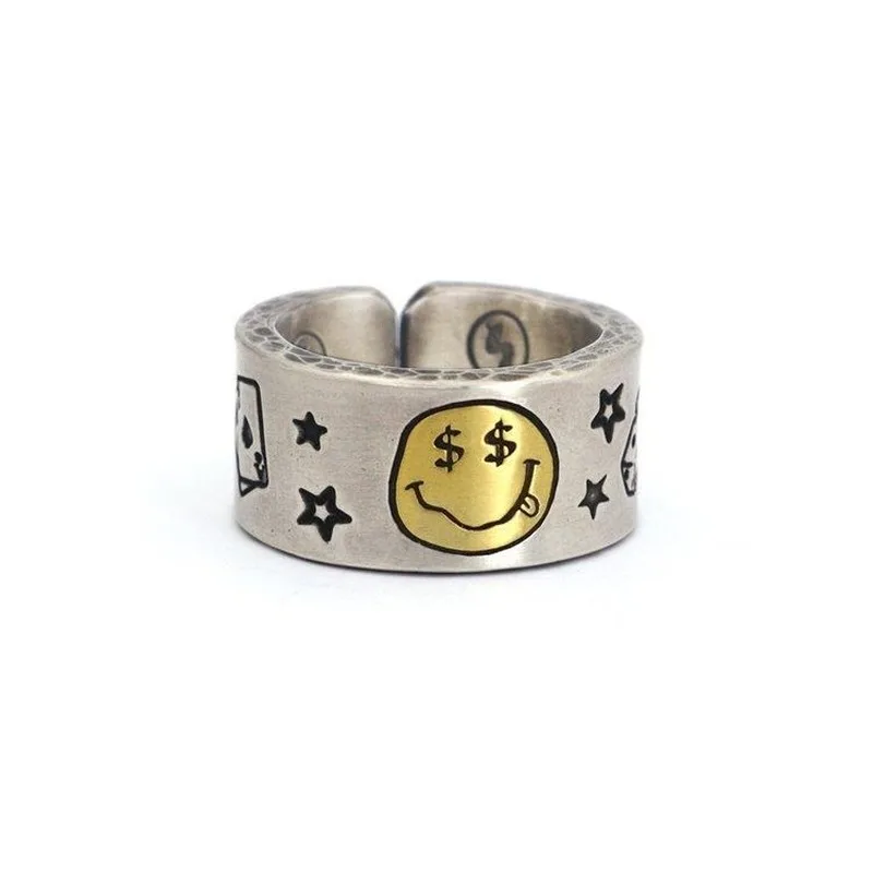 Original oblikovalec obrti denar zvezde poker nasmejan obraz odpiranje nastavljiv prstan kreativen punk stil ženske blagovne znamke nakit
