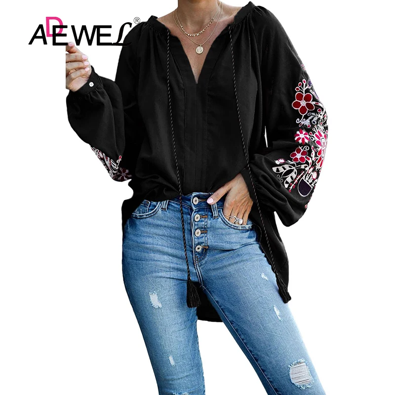 ADEWEL Black Sproščujoče Fit Vezene Bližala Vrhu Poleras Mujer De Moda 2019 Camisas Mujer Ženske Plus Velikost Long Sleeve Majica 2XL
