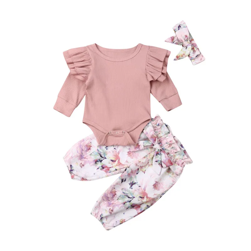 Princesa dekliška oblačila, ki letijo rokav romper +cvetlični hlače +glavo malčka dojencek dekliška oblačila jesensko zimske obrabe 0-24m