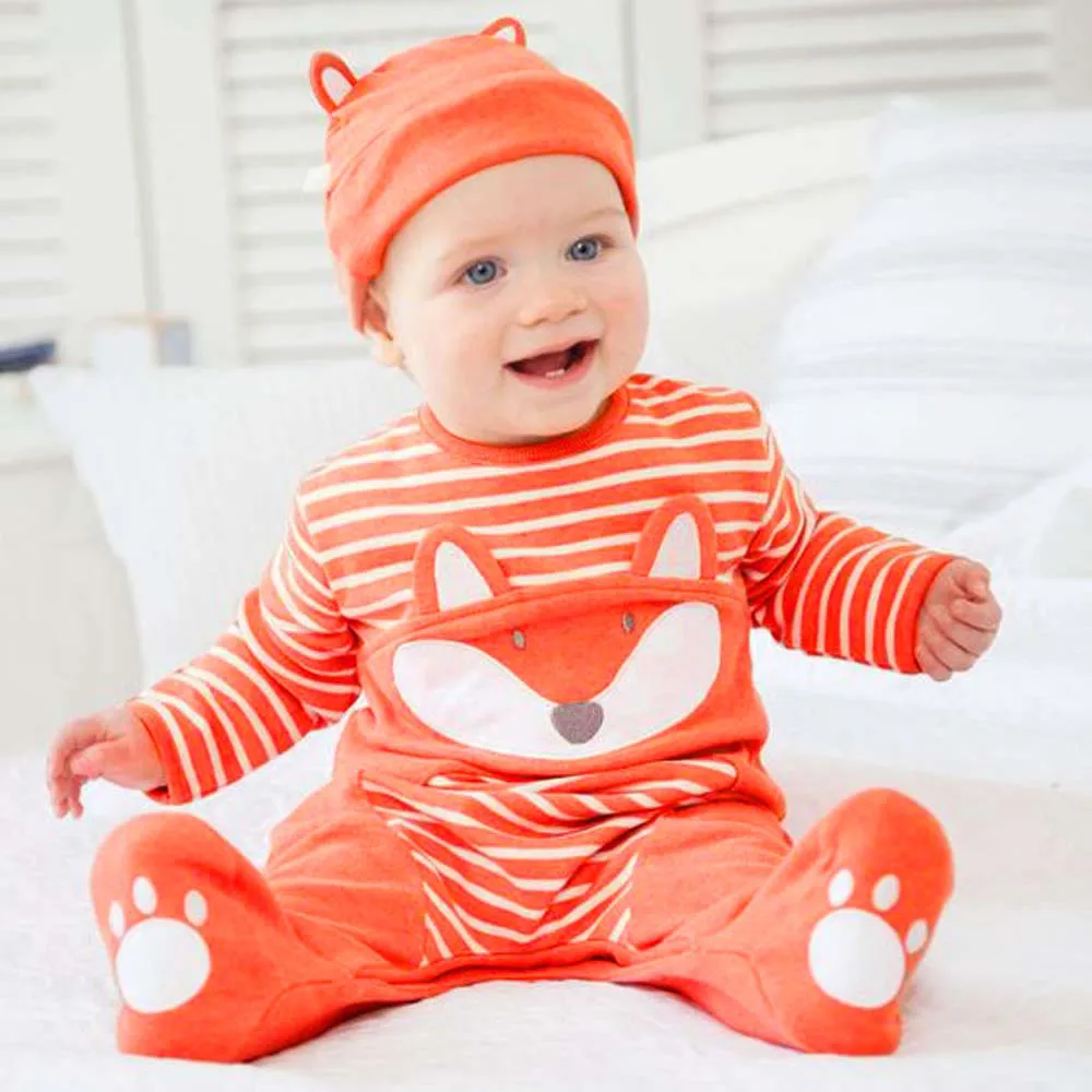 Oblačila Za Malčke Newborn Baby Fantje Dekleta Risanka Fox Prugasta Romper Jumpsuit+Klobuk Obleke Otroška Oblačila Otroci Nastavite Roupas Infantis