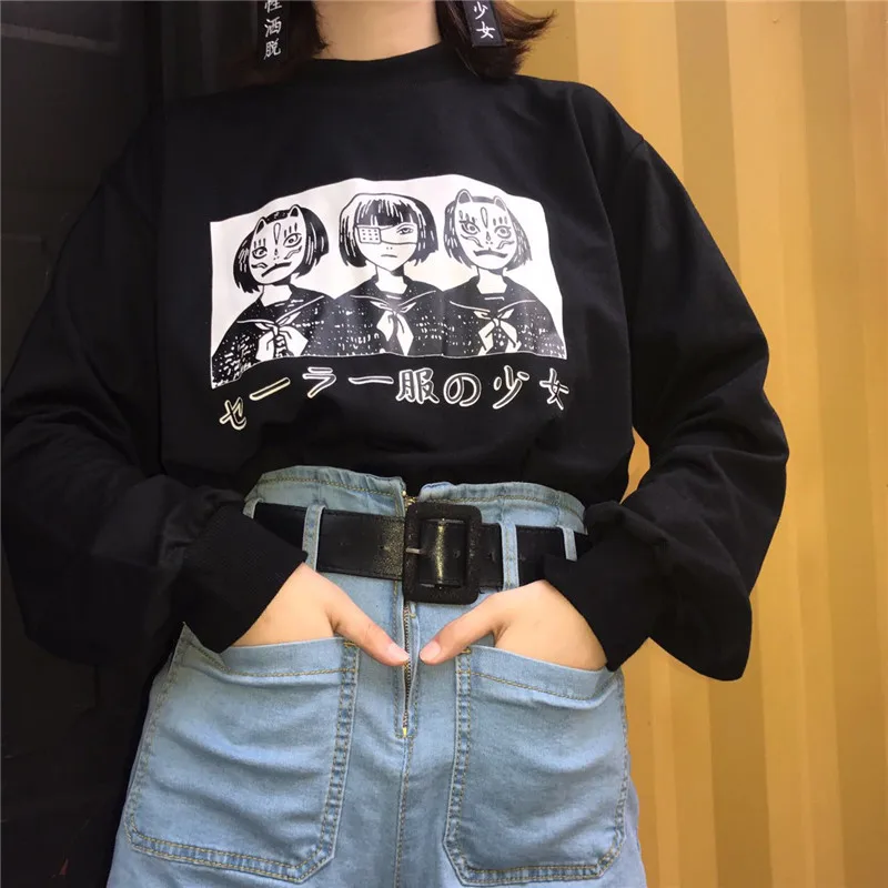Anime Znakov, Japonske Besede Natisne Majica Priložnostne Črnem Puloverju Harajuku Hoodie Ženske Dolg Rokav Vrhnja Oblačila Moletom