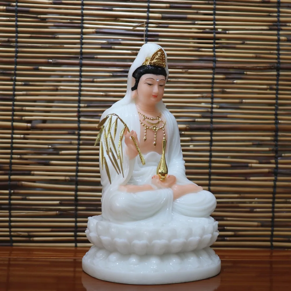 22 CM VISOK - visoko-kakovostni Domači Dvorani učinkovita Talisman Maskota Boginja Guanyin Buda Avalokitesvara belega jade Kiparstvo kip
