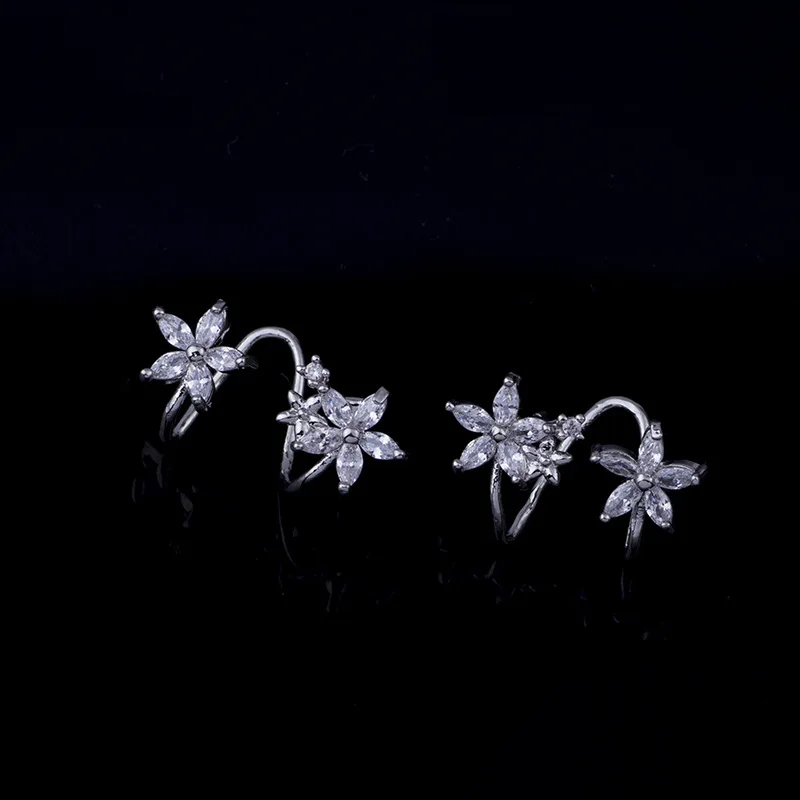 Korejski dvojni cvet uho posnetke brez preboden uhani za ženske pet cvetnih listov cvet vdelan kristalno nekaj nakit darilo