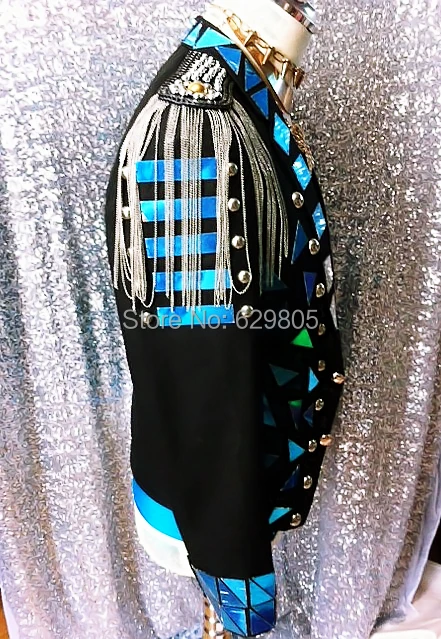 Nova moda moška črna Sequins suknjič zakovice epaulet rese bar fazi kažejo kostum nočni klub Dj bodysuit jopič pevka vrhnja oblačila