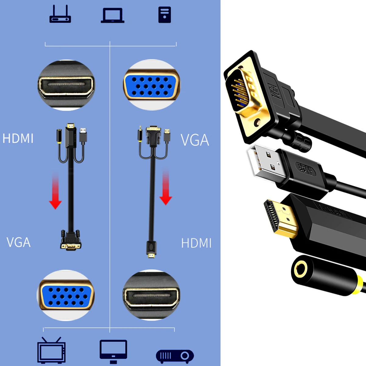 HDMI Na VGA Kabel 1080P High Definition Moški Adapter HDMI Kabel Z Neodvisnih Avdio Priključek USB Vmesnik Za Projektor Naprav