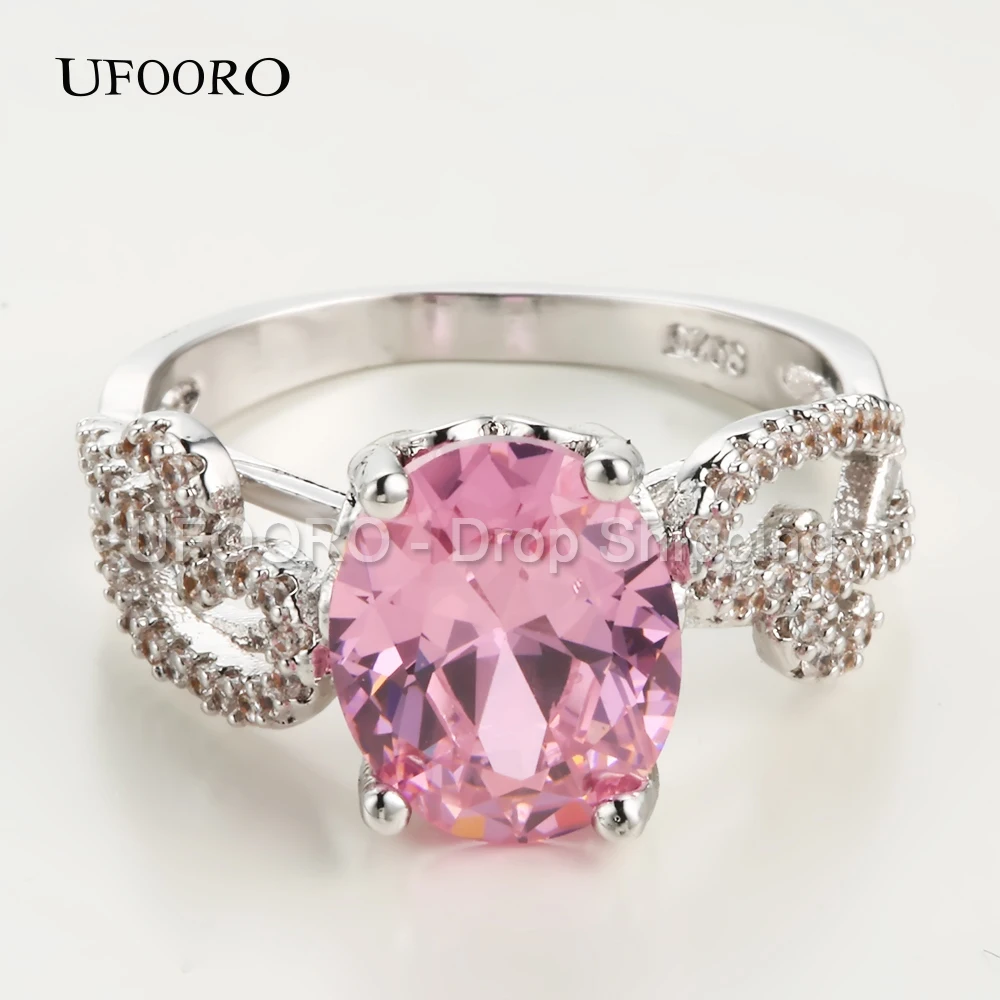 UFOORO silver plated poroko udejstvovanje obroči za ženske princess pink cz kristalnega kamna obroč, Nakit, Anel Band Darilo Obroči