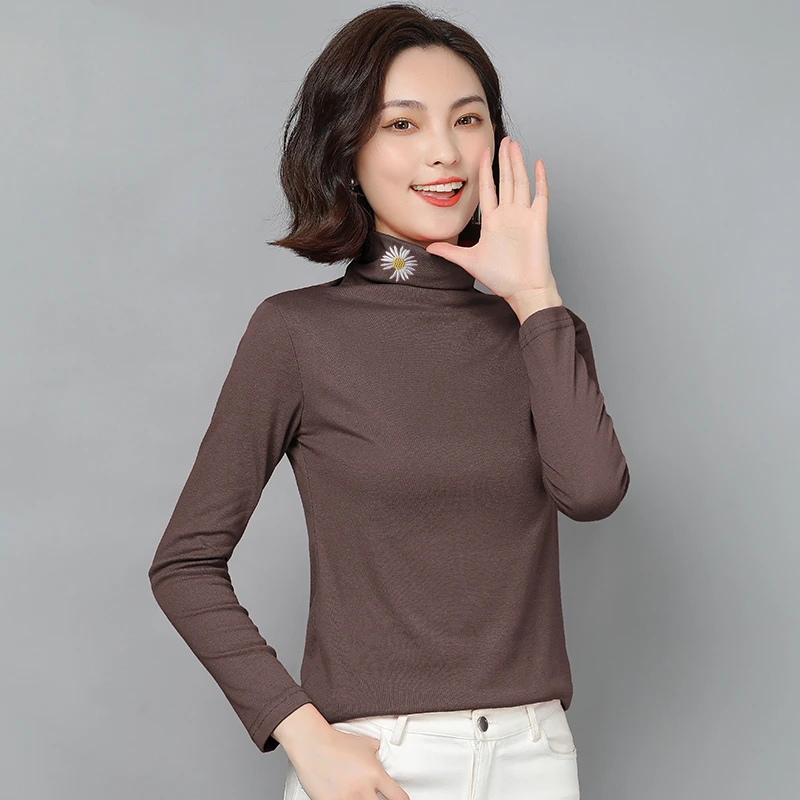Korejski Bombaža Ženske Majice Ženska Dolg Rokav Turtleneck T-shirt Vrhovi Jeseni, Pozimi Osnovne Stretch Majica s kratkimi rokavi Ženske Top Plus Velikosti