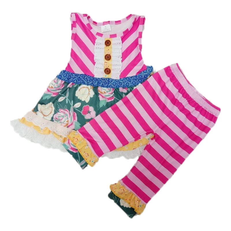 Moda cvetlični vzorec, obleke baby dekleta brez rokavov gumb vrh+prugasta roza hlače 2 kos določa otroke, otroška oblačila gxj
