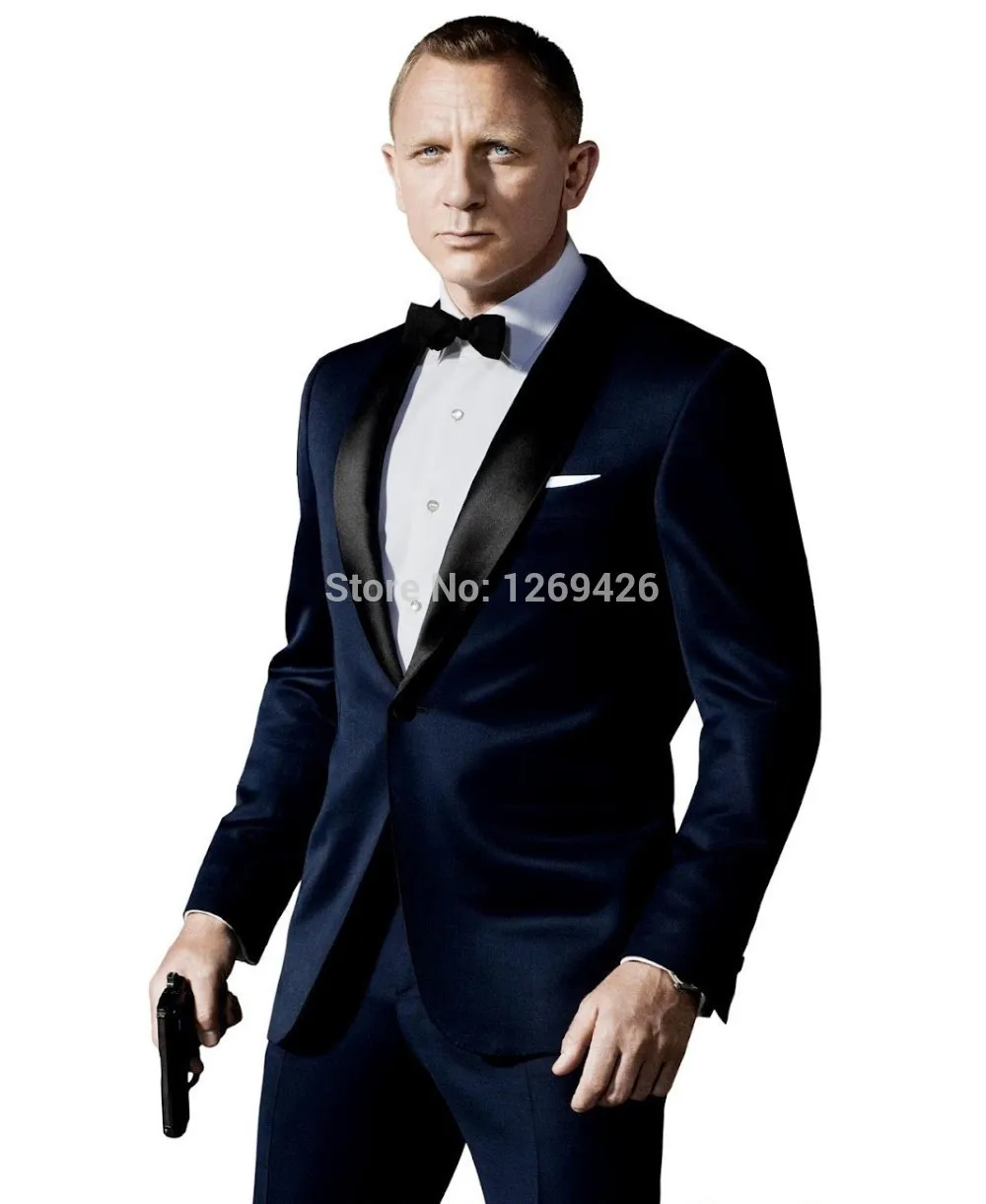 Po meri Izdelana, Temno Modra Jopičem, Navdih Za Obleko nosi V James Bond Poročno Obleko Za Moške Ženina Suknjič Hlače Lok črna