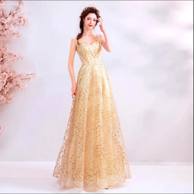 V nebo vpijoče princesa champagne gold Večerno Obleko dolge čipke maturantski obleki haljo de mariee diplomi obleko linije obleko za poroko