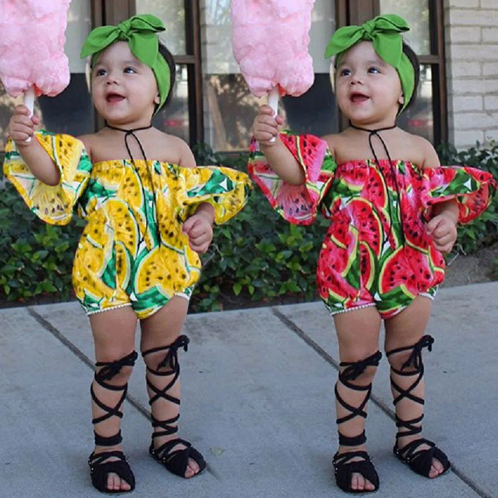 Dojenčka Novorojenčka Otroci Oblačila Baby Dekle Ramenski Dolg Rokav Romper Jumpsuit Off Ramenski Lubenica Rese Romper Obleke